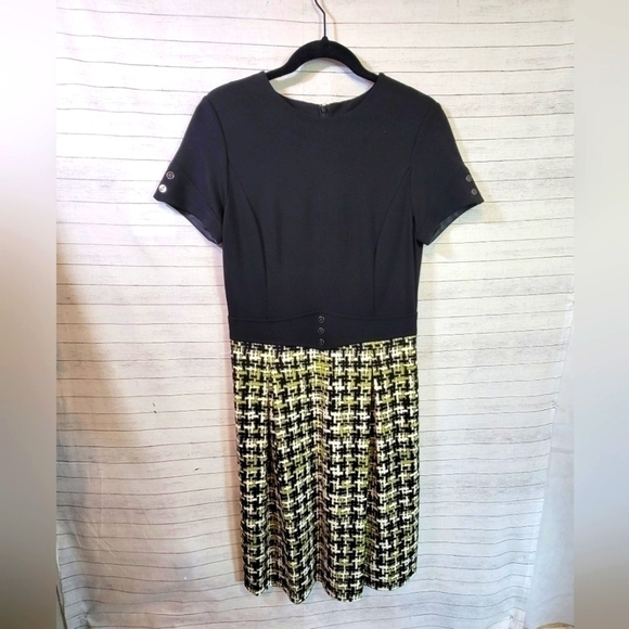 J.McLaughlin Short Sleeve Dress w Lime Green Geo Houndstooth Print, sz Small - Picture 1 of 12